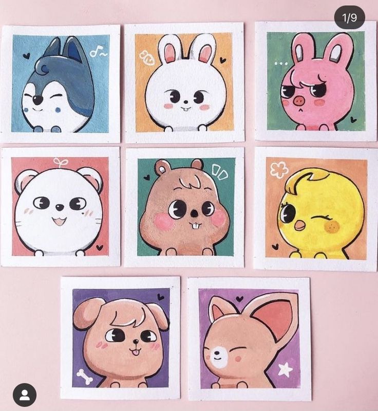 four different colored cards with cartoon animals on them, one is pink and the other is blue