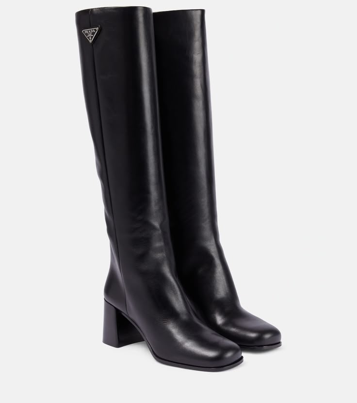 Long Black Boots, Prada Boots, Mid Heel Boots, Leather Knee High Boots, Black Knee High Boots, Girly Shoes, Prada Leather, Black Knees, Knee High Leather Boots