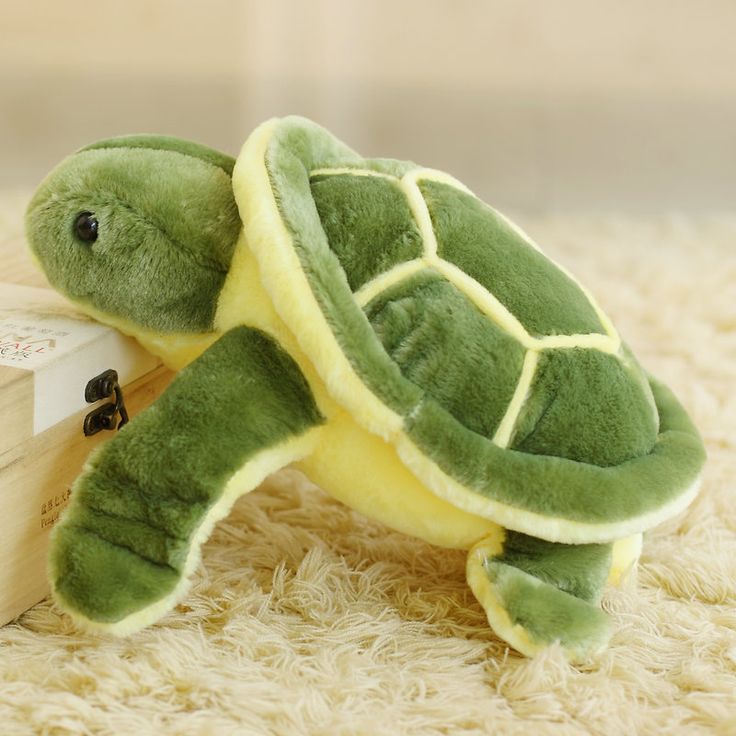 a stuffed turtle sitting on top of a wooden box with a book in it's lap