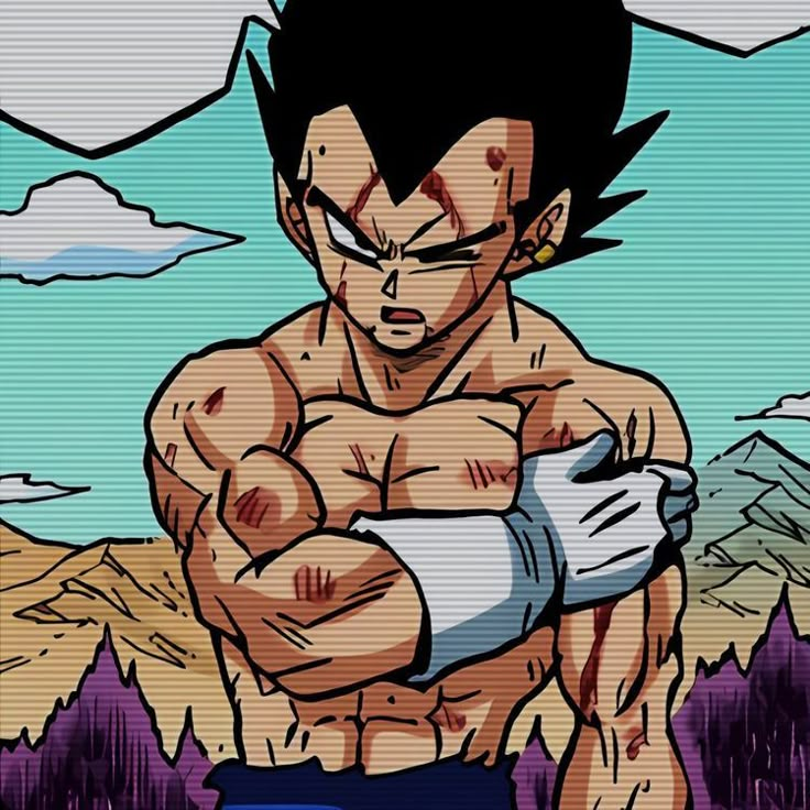 an animated image of gohan with his arm wrapped around the chest and one hand on his hip