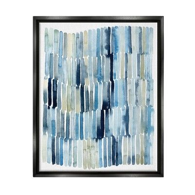 an abstract painting with blue and white stripes on it, framed in black wood frame