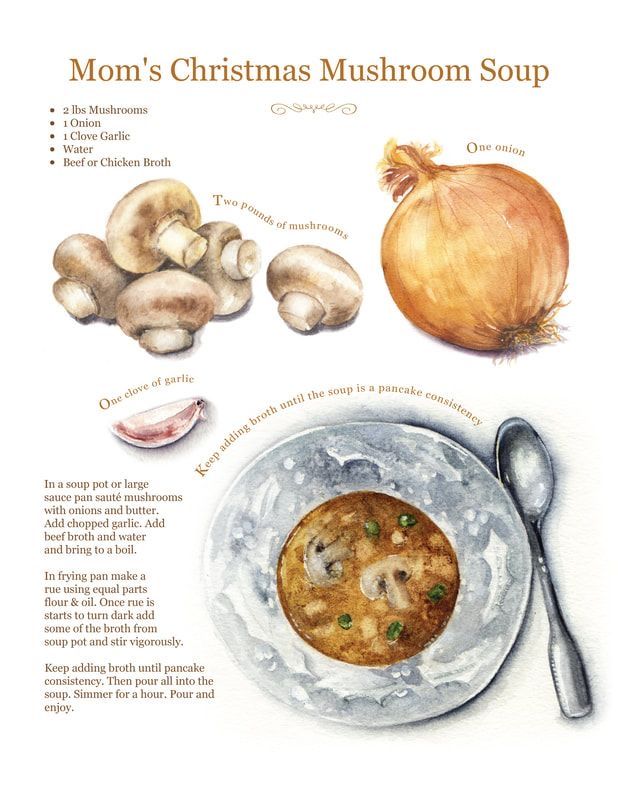 an illustrated recipe for christmas mushroom soup