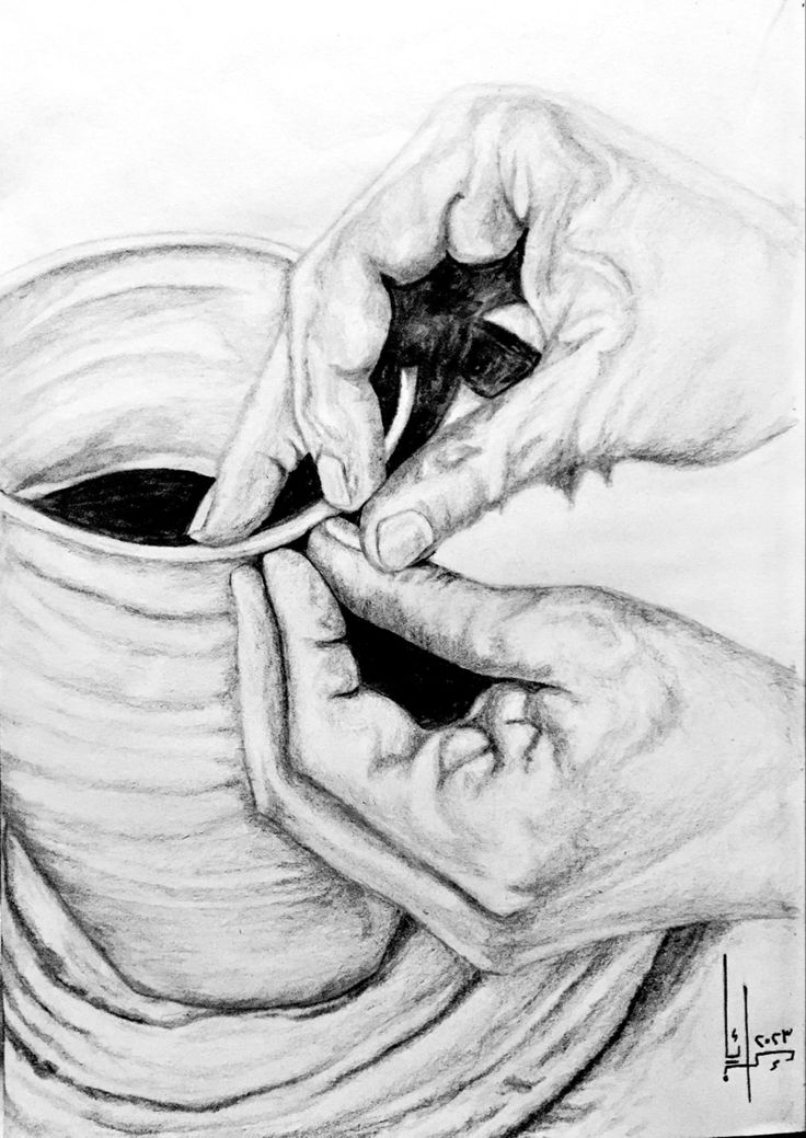 a pencil drawing of two hands holding a coffee cup with the other hand reaching for something in it