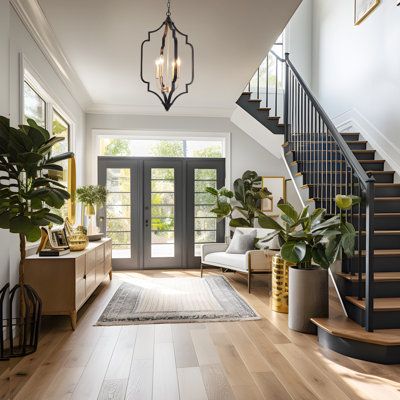 an entryway with stairs and potted plants on the floor, next to a stair case