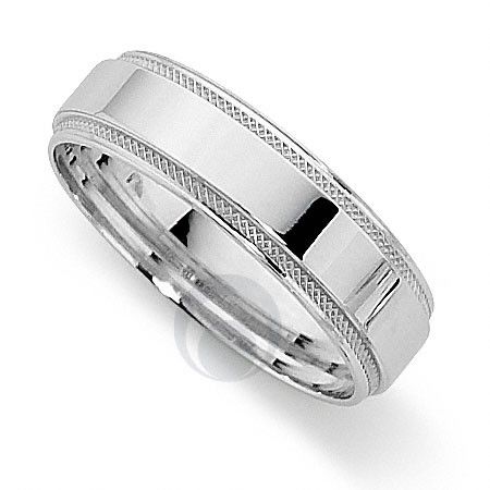 men's wedding band in 18k white gold with milcused edges and engraved engraving