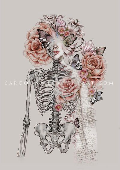 a drawing of a skeleton with flowers on it