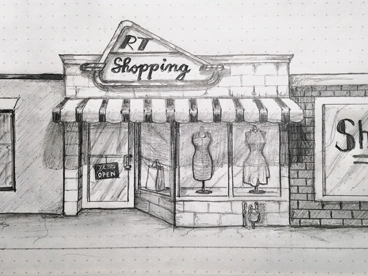 a drawing of a store front with the words rj shopping on it's side