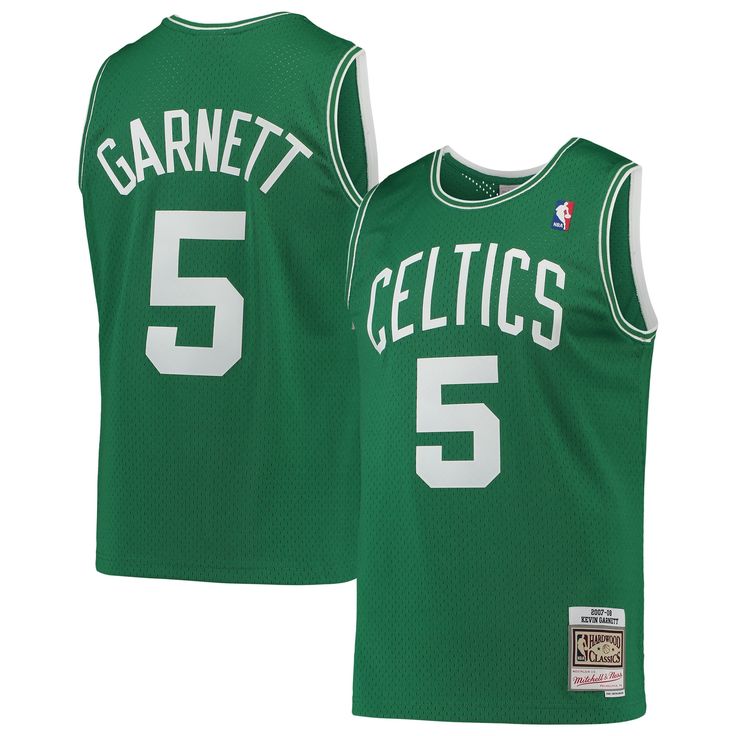 a green basketball jersey with the number 5 on it and an inscription that reads, garrett celtics