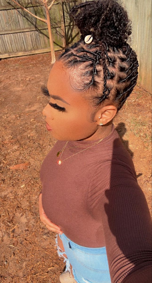 Loc styles Loc Updo Bun Styles, Loc Ponytail With Curls, High Pony Loc Styles, Loc Pinups Styles, Starter Locs Styles Updo, Short Dread Styles Updo, Starter Locs Ponytail Styles, Space Bun Loc Style, Loc Styles On Women