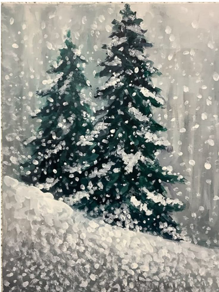 a painting of trees covered in snow on a snowy day with falling snowflakes