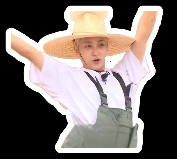 a boy in overalls and a straw hat is holding his arms up to the side