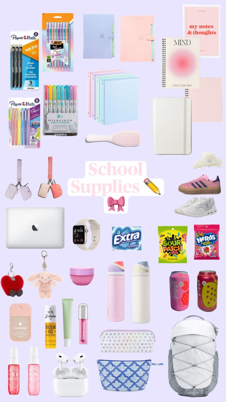 the back to school supplies are arranged on a purple background