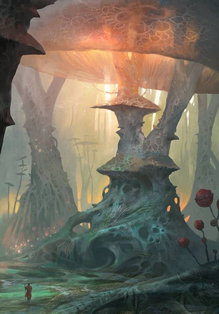 a fantasy forest scene with mushrooms and trees