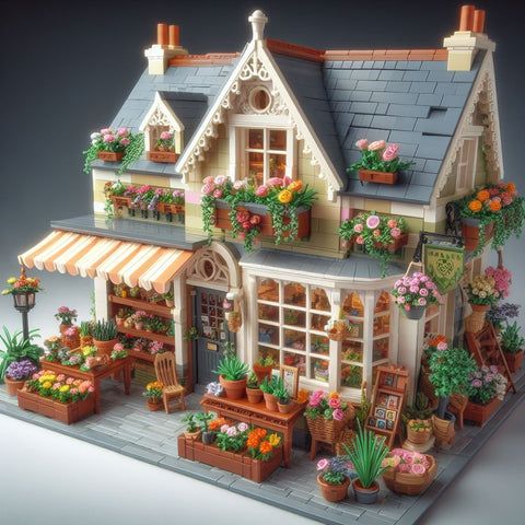 a doll house with flowers and potted plants