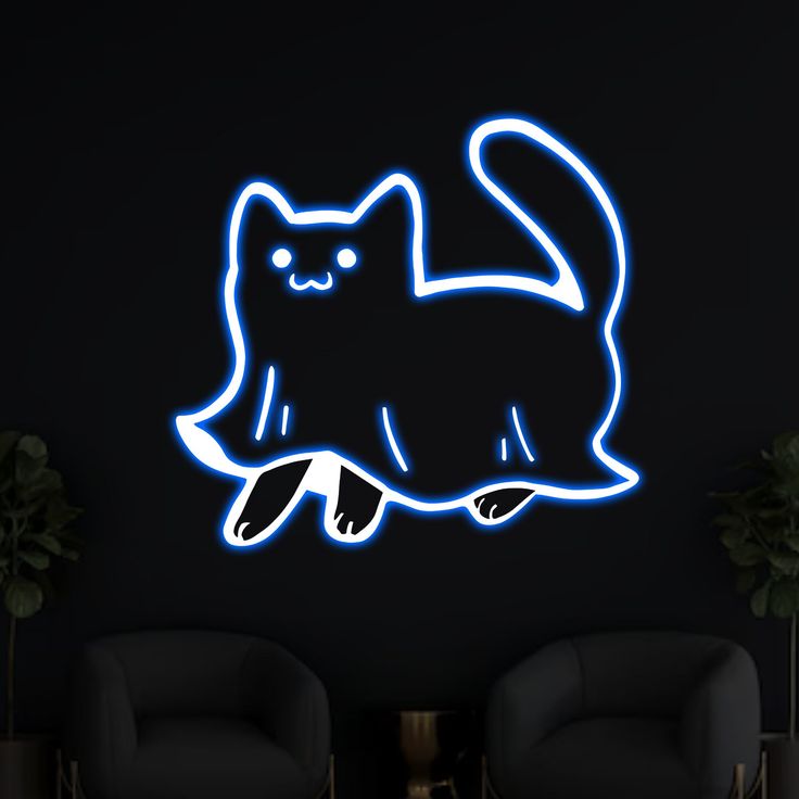 a black wall with a neon blue cat on it's side and two chairs in the background