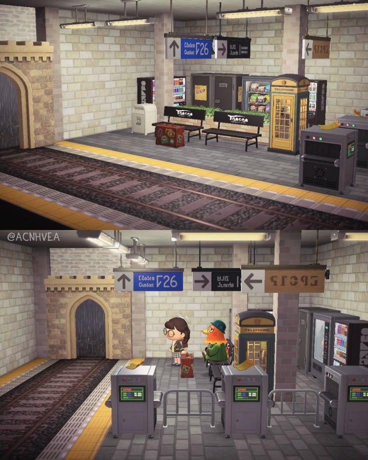 Animal Crossing Happy Home Paradise Anticipation Station Animal Crossing Train Station Entrance, Animal Crossing Airport Color Guide, Acnh Wes Anderson, Acnh Fake Stairs, Animal Crossing Nook's Cranny, Animal Crossing Concept Art, City Ideas Animal Crossing, Acnh Abandoned Train Station, Acnh City House