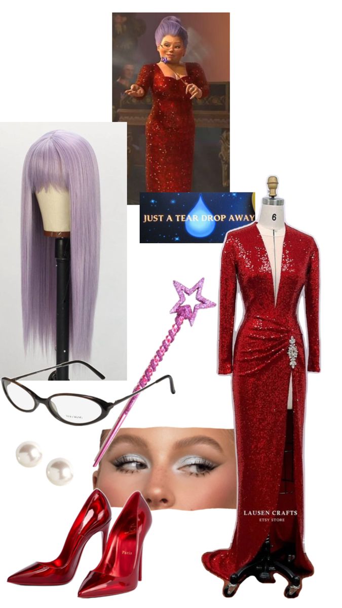 a woman in red dress with purple hair and glasses next to a mannequin