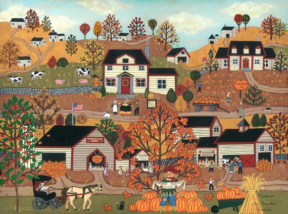 an autumn scene with houses and farm animals