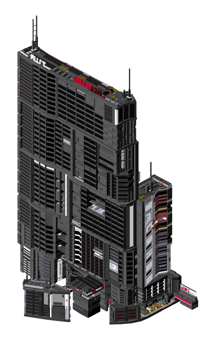 an architectural model of a building made out of black plastic and red lettering on the side