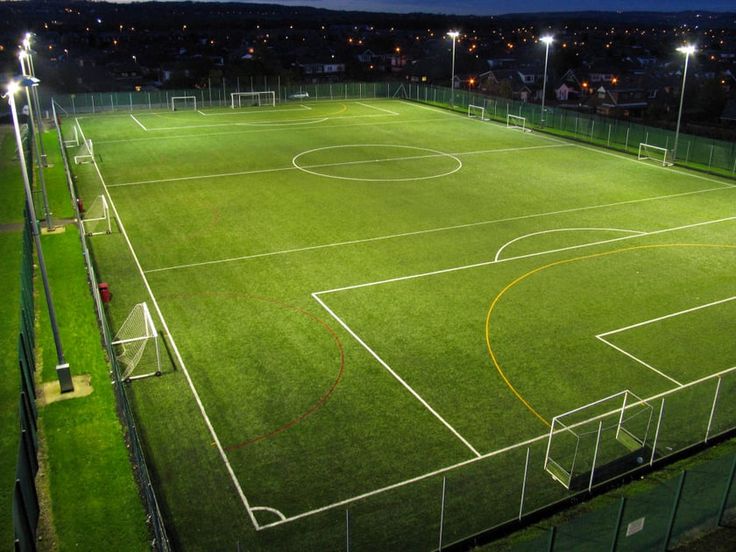 an aerial view of a soccer field at night