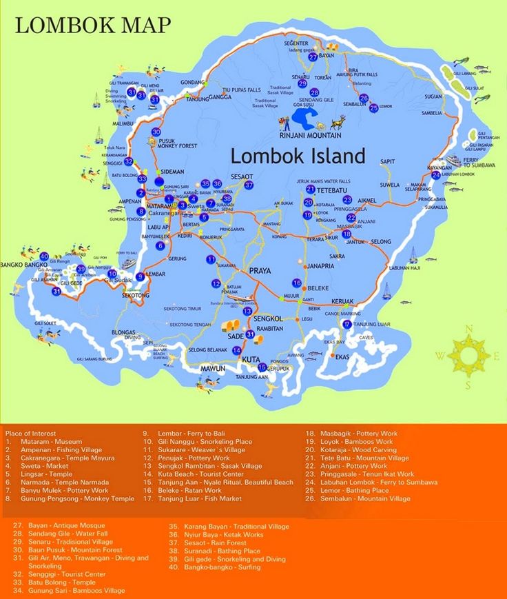 the lombok island map is shown in orange and green