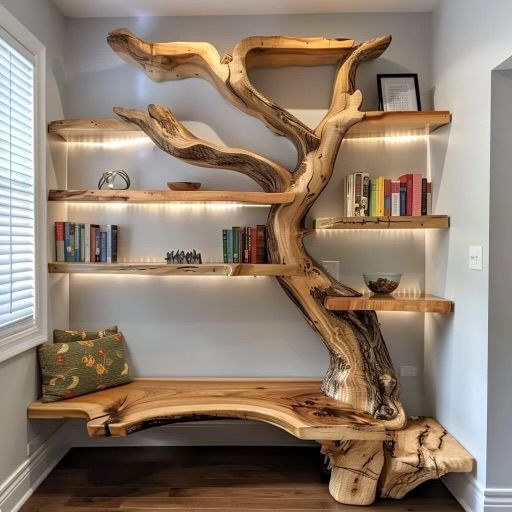 a wooden tree branch sitting on top of a shelf