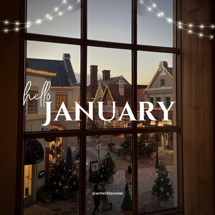 an open window with the words hello january in front of it and christmas trees outside