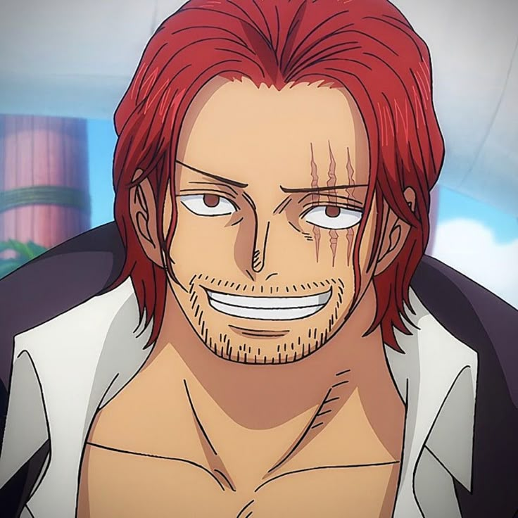 an anime character with red hair and white teeth