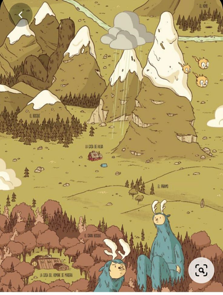 two cartoon characters standing in the middle of a field with trees and mountains behind them