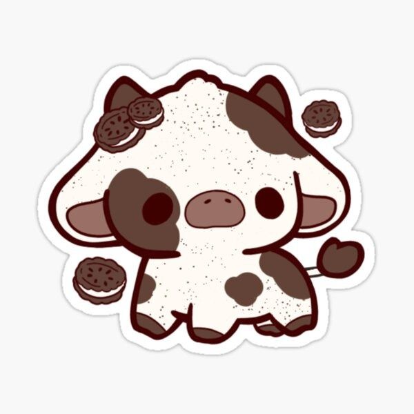 a brown and white cow with cookies on it's back sticker is shown