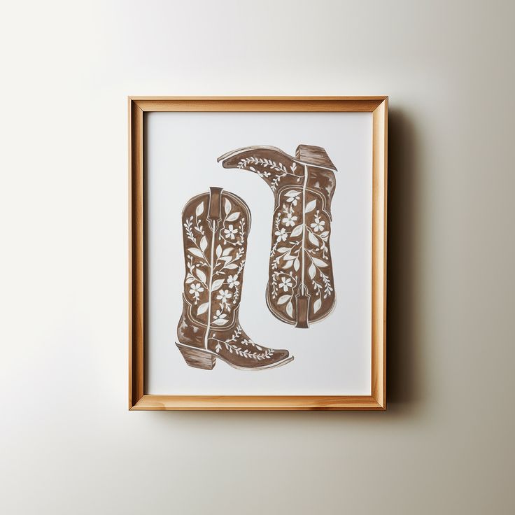 a brown and white cowboy boot print hanging on a wall