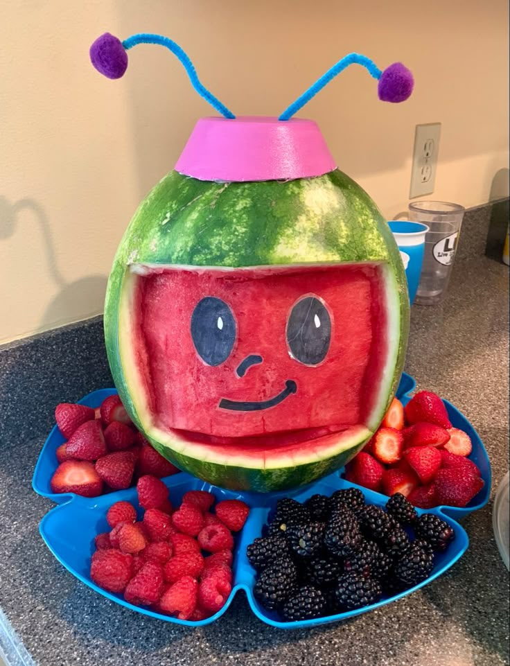 a watermelon shaped like a face surrounded by berries