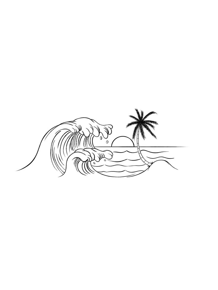 a black and white drawing of an ocean wave with a palm tree