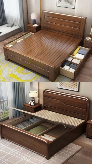 the bed has two drawers in it and is made up with wooden furniture on top