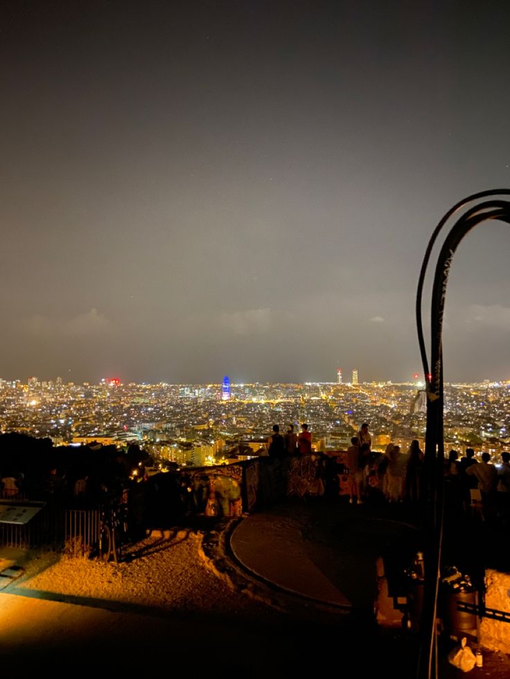 people are standing on top of a hill looking at the city lights in the distance