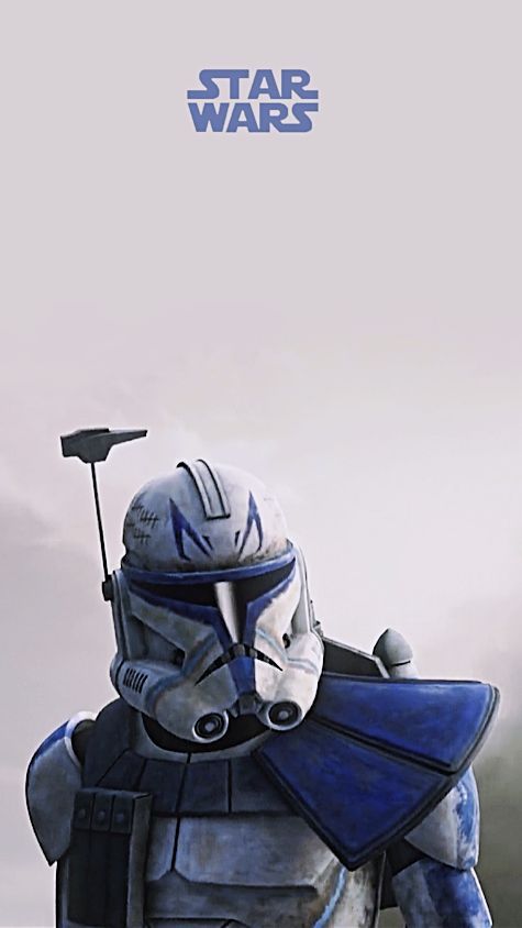 a star wars poster with the character in blue armor and helmet, holding a flag