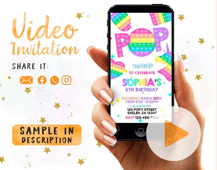 a person holding an iphone in their hand with the text video invitation share it sorpia's 5th birthday