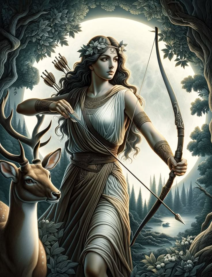 a painting of a woman holding a bow and deer