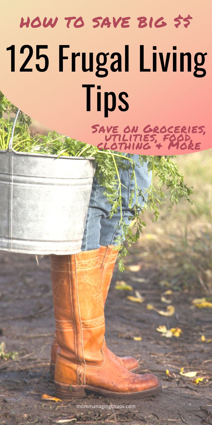 a person holding a bucket full of plants with the words how to save big $ 25 frugal living tips