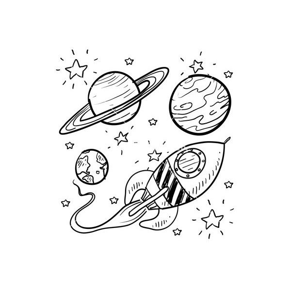 the planets and stars are drawn in black ink on a white background, with space shuttles