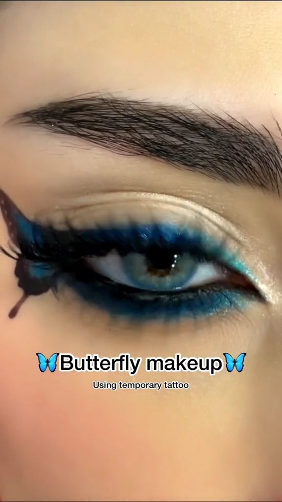 Butterfly Costume Face Makeup, Butterfly Makeup Ideas Easy, Butterfly Rave Makeup, Subtle Butterfly Makeup, Butterfly Festival Makeup, Fairy Butterfly Makeup, Blue Butterfly Makeup Looks, Butterfly Temporary Tattoo Eye Makeup, Butterfly Makeup Look Simple