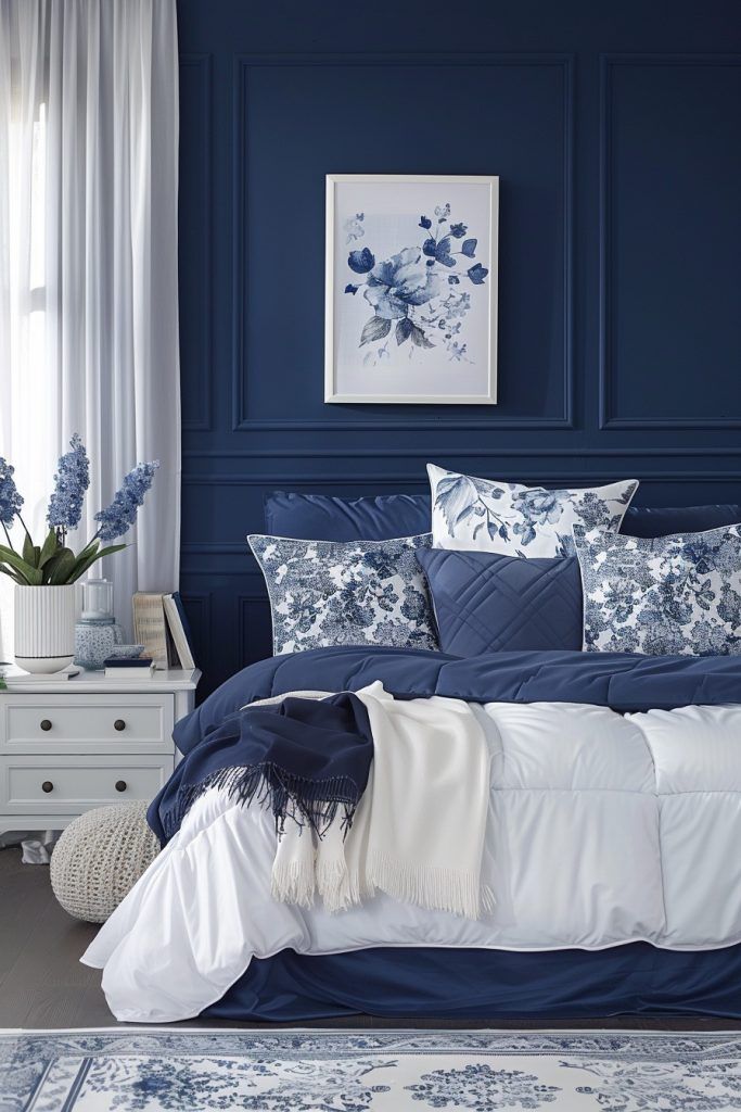 a bedroom with blue walls and white furniture