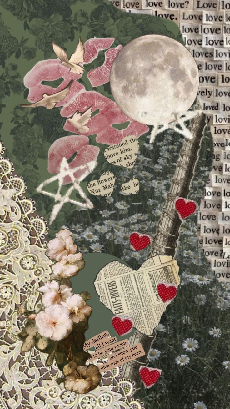 an altered collage with flowers, hearts and the eiffel tower