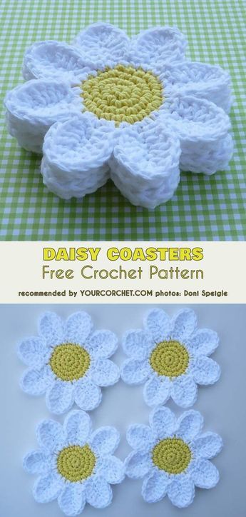 crocheted daisy coasters with the text daisy coasters free crochet pattern