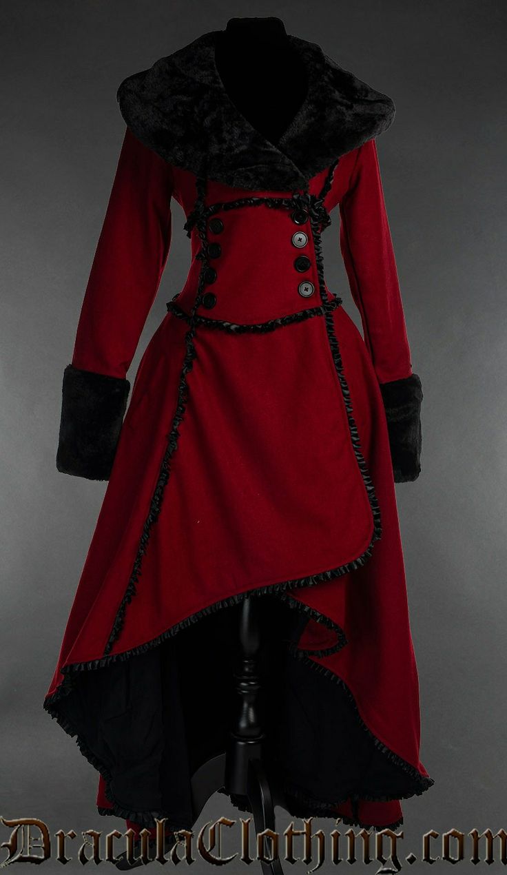 Dracula Clothing, Psychobilly Fashion, Heavy Winter Coat, Red Wool Coat, Queen Outfit, Dress Drawing, Steampunk Clothing, Red Coat, Ladies Clothing