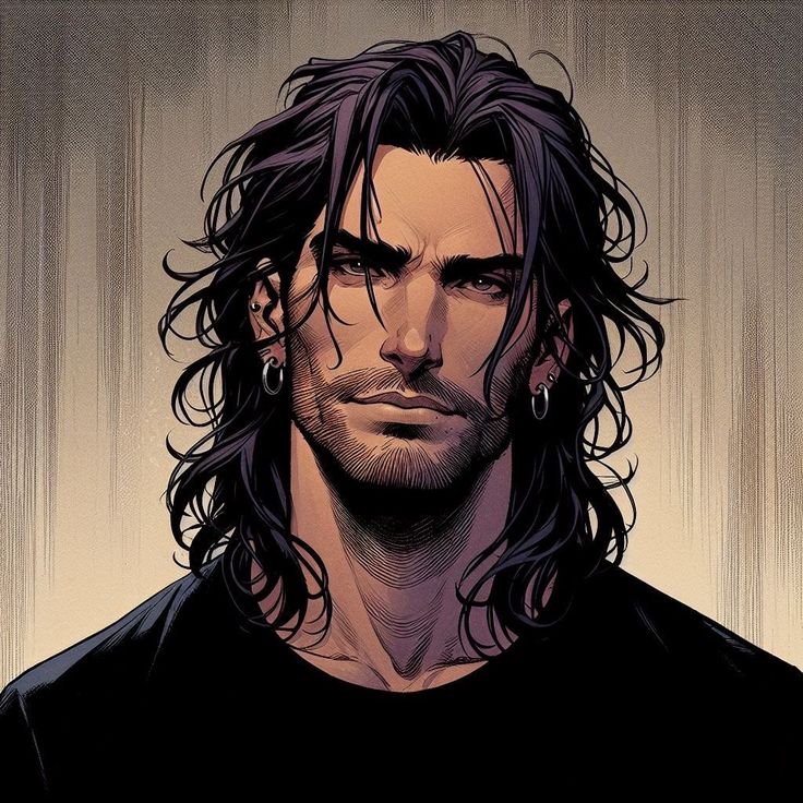 a drawing of a man with long hair and piercings on his ears, wearing a black shirt