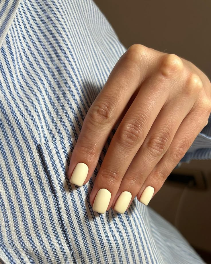 Pastel yellow, russian manicure, matte nails Manicure Ideas Yellow, Short Pastel Yellow Nails, Pastel Yellow Dip Nails, Pastel Yellow Gel Nails, Creamy Yellow Nails, Nail Ideas Yellow Pastel, Light Yellow Nails Pastel, Pastel Yellow Toe Nails, Summer Nails Yellow Pastel