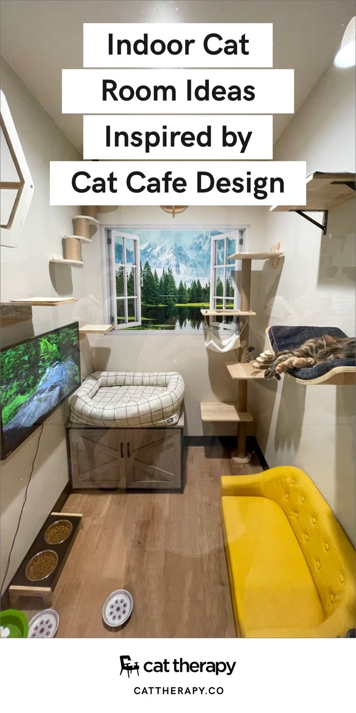 the inside of a camper with text overlay that reads indoor cat room ideas inspired by cat cafe design