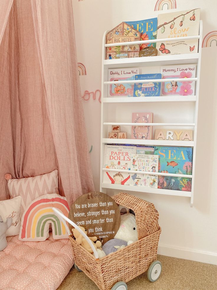 a child's room with bookshelves and toys