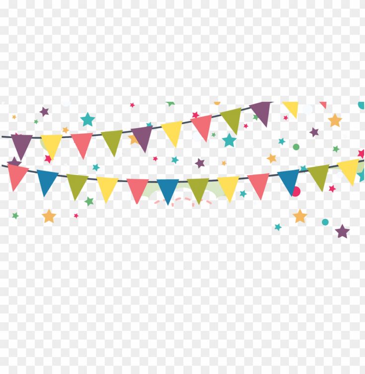 colorful bunting flags with stars and confetti on transparent background